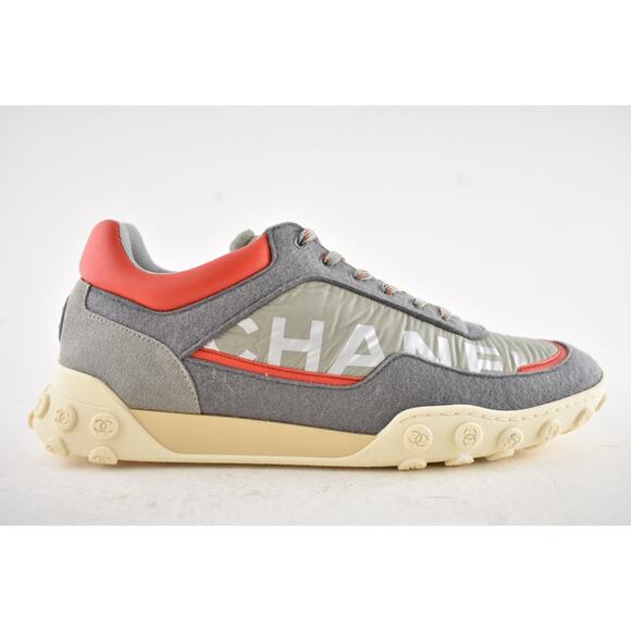 Chanel Mens 18K Grey Orange Nylon CC Logo Lace Up Low Top Trainer Sneaker 44 11 - Picture 2 of 14